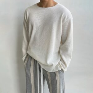 Round Neck Loose Casual White Sweater Long Sleeve Men's T-shirt