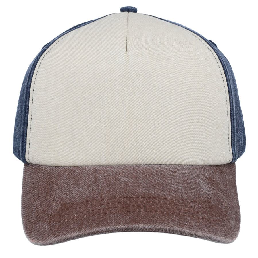 5 Panel Vintage Washed Cap - Navy/Stone/Chocolate