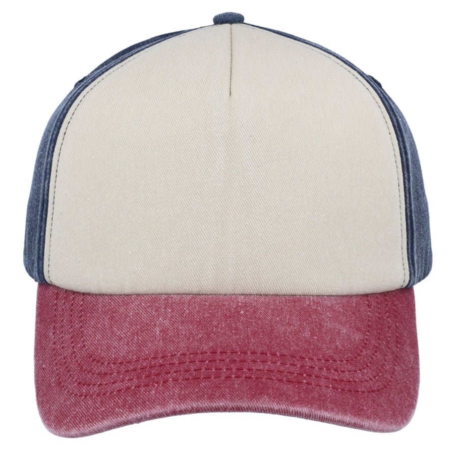 5 Panel Vintage Washed Cap - Navy/Stone/Maroon
