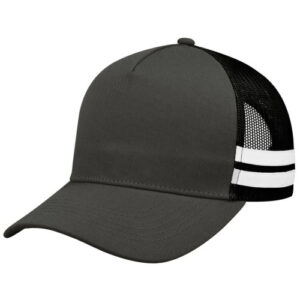 Premium striped trucker cap - charcoal black white crafted with a 5-panel structured front, breathable mesh back, pre-curved peak, and double row snapback closure. Ideal for sports, outdoor activities, corporate events, and custom branding.
