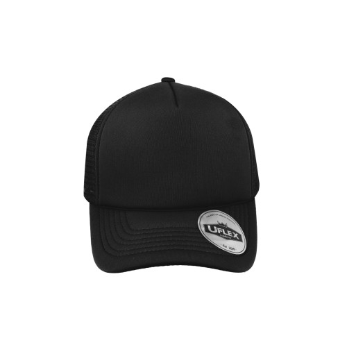uflex-5-panel-curved-peak-trucker-snapback-cap-black-black-front