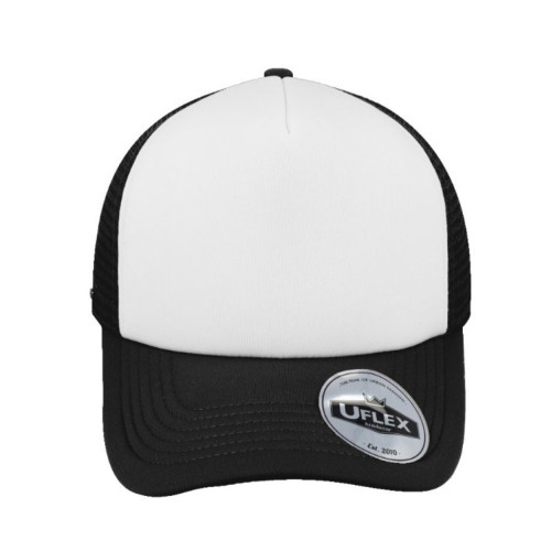 uflex-5-panel-curved-peak-trucker-snapback-cap-black-white-front