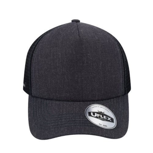 uflex-5-panel-curved-peak-trucker-snapback-cap-charcoal-melange-black-front