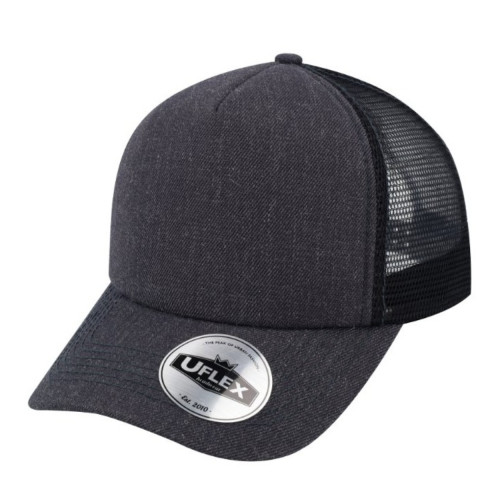uflex-5-panel-curved-peak-trucker-snapback-cap-charcoal-melange-black