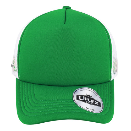 uflex-5-panel-curved-peak-trucker-snapback-cap-green-white-front