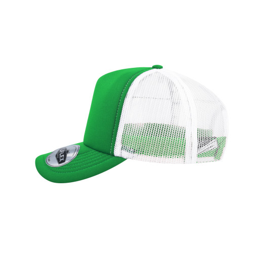 uflex-5-panel-curved-peak-trucker-snapback-cap-green-white-left