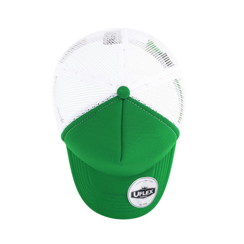uflex-5-panel-curved-peak-trucker-snapback-cap-green-white-top