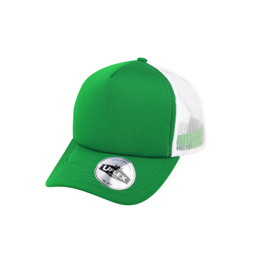 uflex-5-panel-curved-peak-trucker-snapback-cap-green-white