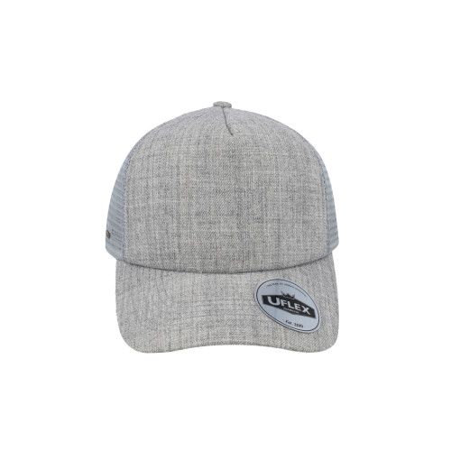 uflex-5-panel-curved-peak-trucker-snapback-cap-grey-melange-grey-front