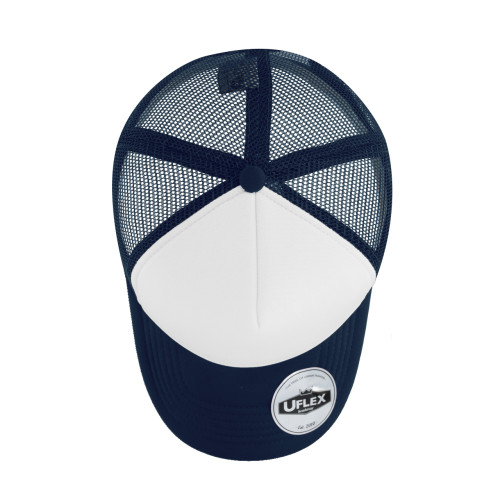 uflex-5-panel-curved-peak-trucker-snapback-cap-navy-white-top