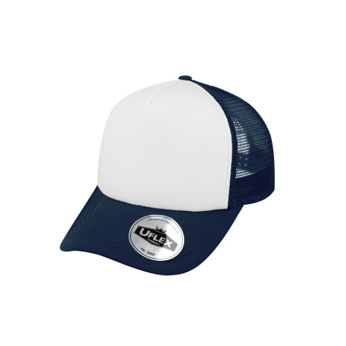 uflex-5-panel-curved-peak-trucker-snapback-cap-navy-white