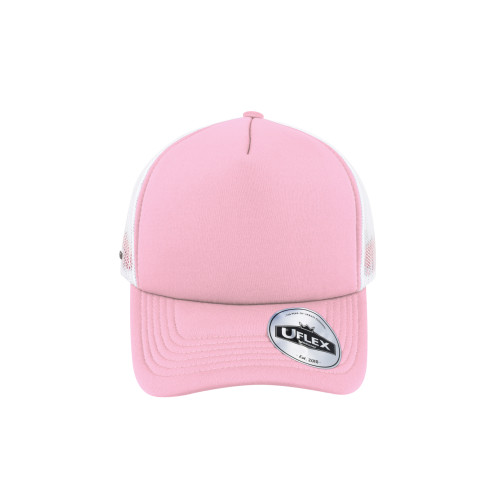 uflex-5-panel-curved-peak-trucker-snapback-cap-pink-white-front