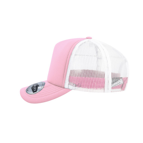 uflex-5-panel-curved-peak-trucker-snapback-cap-pink-white-left