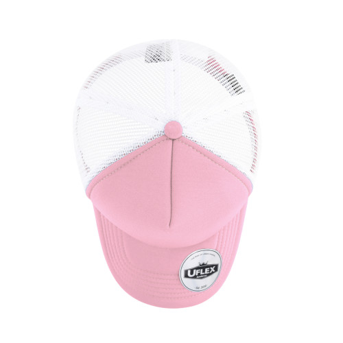 uflex-5-panel-curved-peak-trucker-snapback-cap-pink-white-top