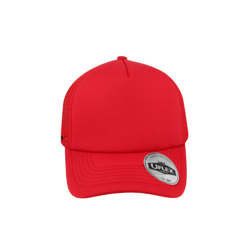 uflex-5-panel-curved-peak-trucker-snapback-cap-red-red-front