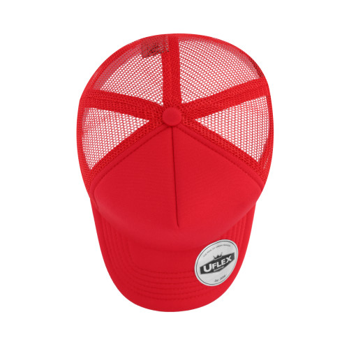 uflex-5-panel-curved-peak-trucker-snapback-cap-red-red-top