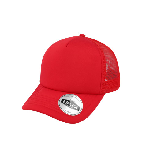 uflex-5-panel-curved-peak-trucker-snapback-cap-red-red