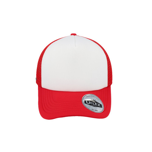 uflex-5-panel-curved-peak-trucker-snapback-cap-red-white-front