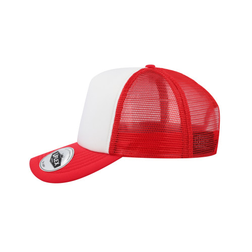 uflex-5-panel-curved-peak-trucker-snapback-cap-red-white-left