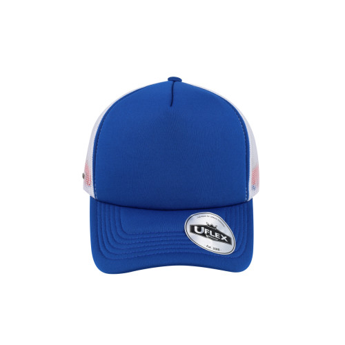 uflex-5-panel-curved-peak-trucker-snapback-cap-royal-white-front