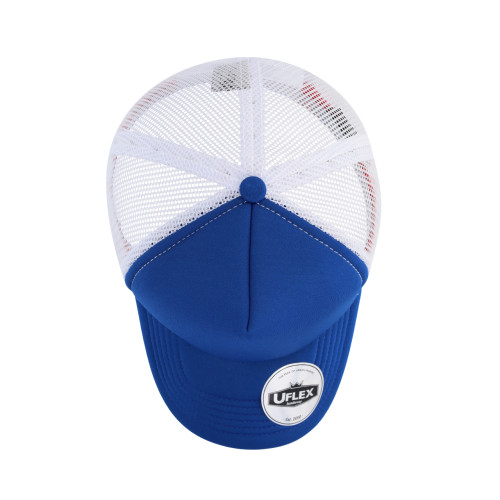 uflex-5-panel-curved-peak-trucker-snapback-cap-royal-white-top