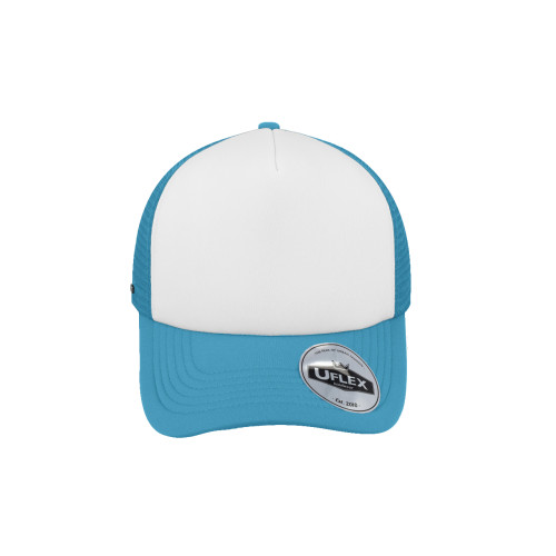 uflex-5-panel-curved-peak-trucker-snapback-cap-sky-white-front