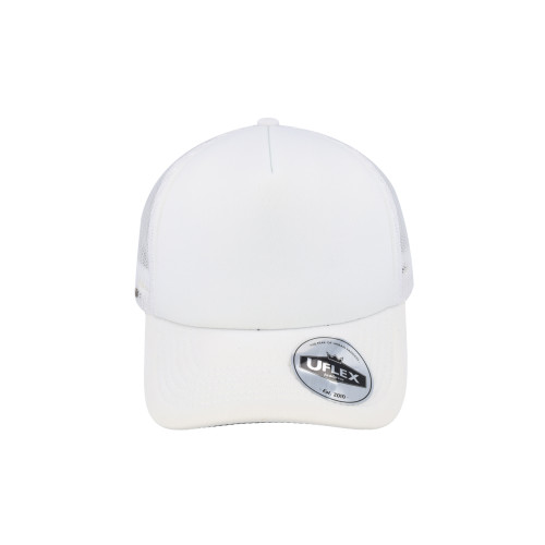 uflex-5-panel-curved-peak-trucker-snapback-cap-white-white-front