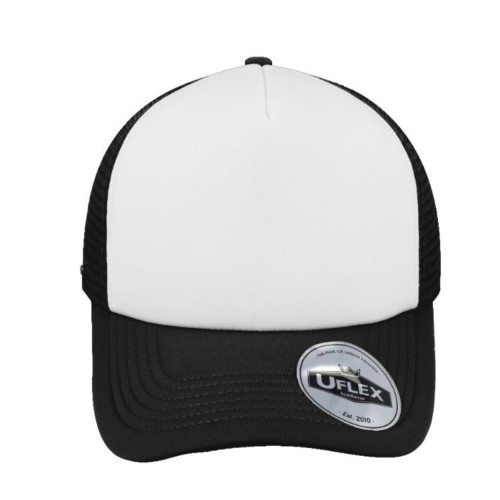 uflex-youth-curved-peak-trucker-cap-black-white-front